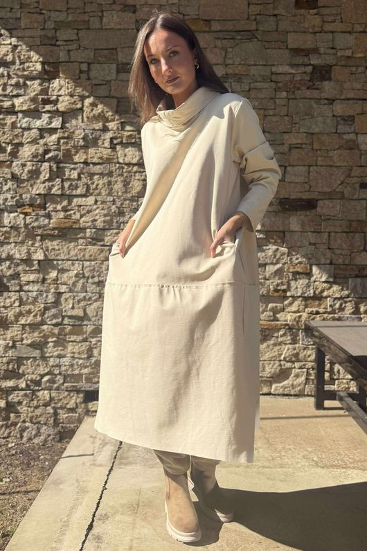 Scuba Stretch Funnel Neck Cocoon Dress Ecru /11=